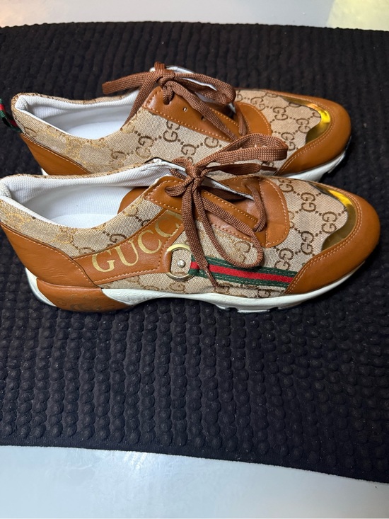 Gucci Pants - Gucci Brown & Beige GG Canvas Kids Lace-Up Sneakers with Red-Green Web